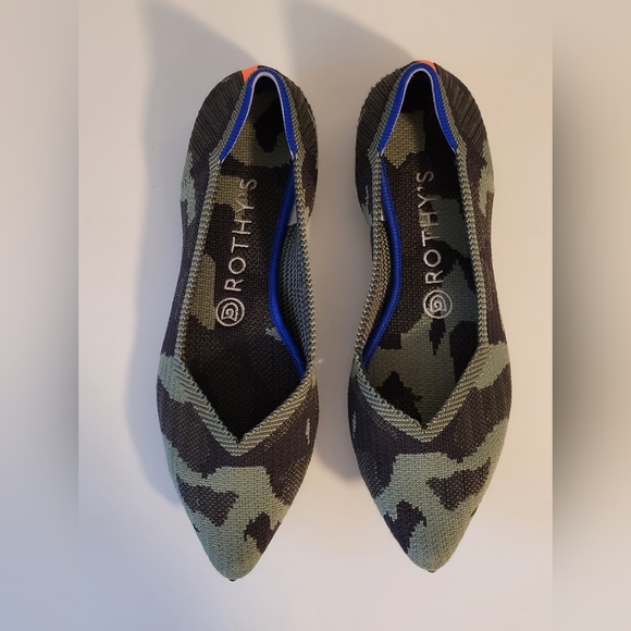 Rothy's Shoes - Rothy's Camouflage Pointed Toe Flats in Black and Green with Blue Trim